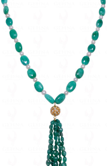 Pearl & Emerald Gemstone Bead With Pearl Studded Jadau Ball Ln011029