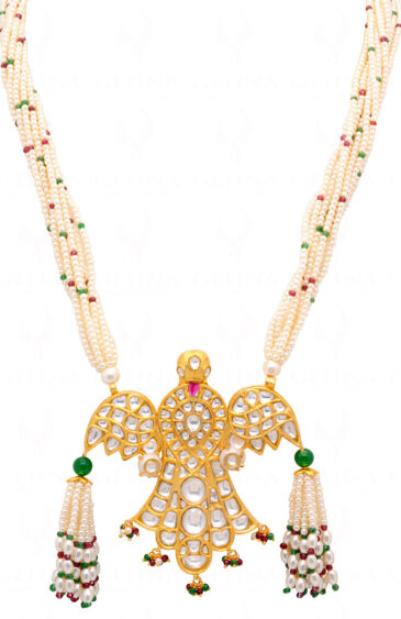 Pearl, Emerald, Ruby & Sapphire Studded Eagle Shaped Necklace In Silver SN-1029