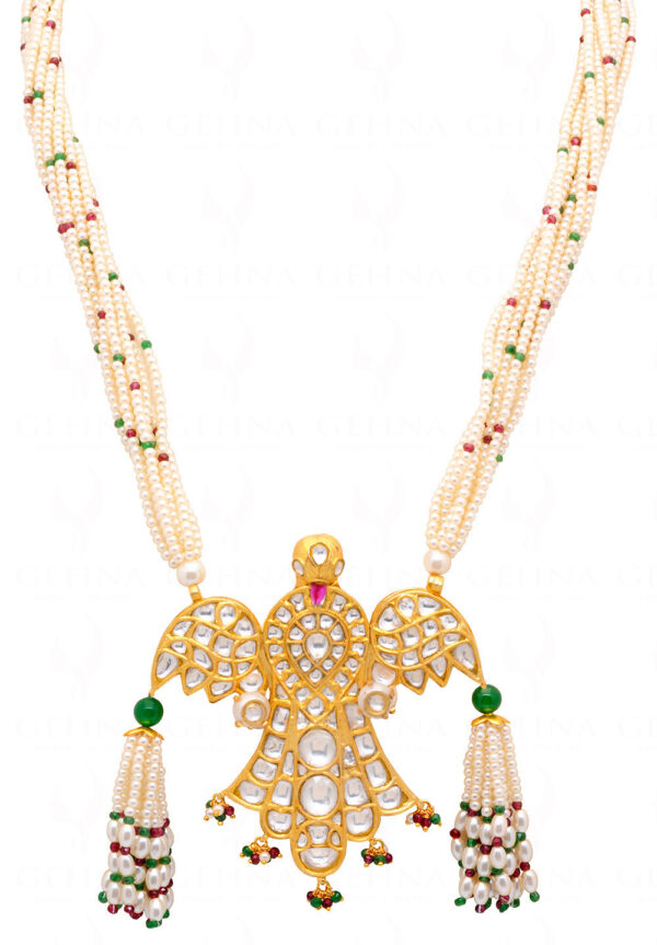 Pearl, Emerald, Ruby & Sapphire Studded Eagle Shaped Necklace In Silver SN-1029