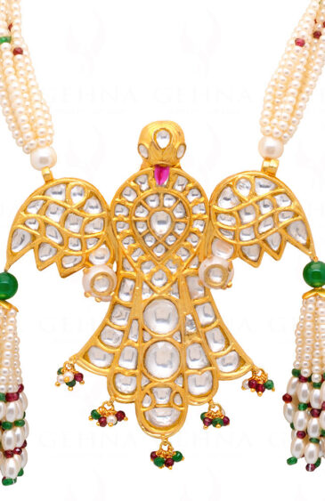 Pearl, Emerald, Ruby & Sapphire Studded Eagle Shaped Necklace In Silver SN-1029