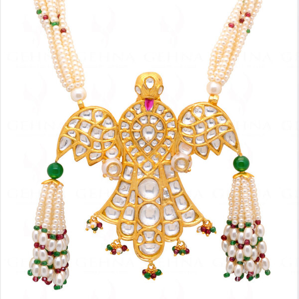 Pearl, Emerald, Ruby & Sapphire Studded Eagle Shaped Necklace In Silver SN-1029