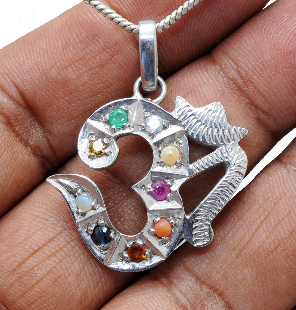 “Navratna” 9 Precious Gemstone Studded “Om” Shape 925 Silver Pendant Sp011029