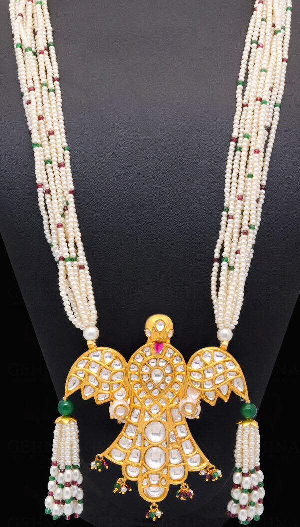 Pearl, Emerald, Ruby & Sapphire Studded Eagle Shaped Necklace In Silver SN-1029