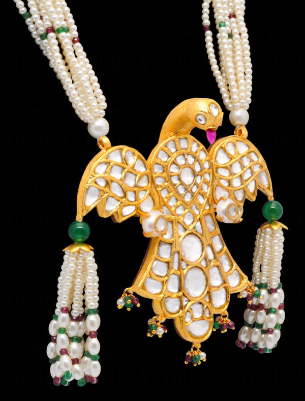 Pearl, Emerald, Ruby & Sapphire Studded Eagle Shaped Necklace In Silver SN-1029