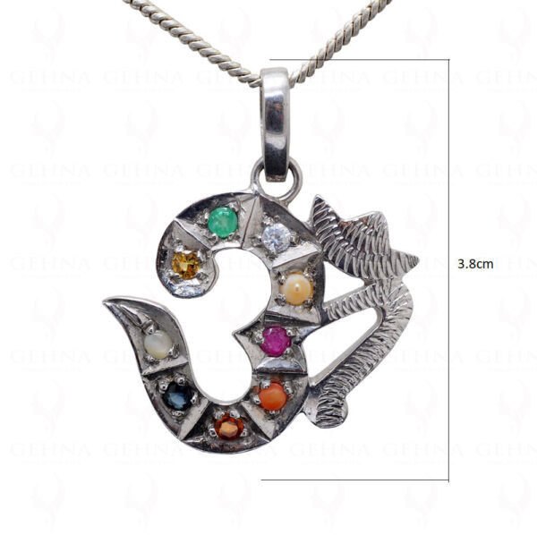 "Navratna" 9 Precious Gemstone Studded "Om" Shape 925 Silver Pendant Sp011029