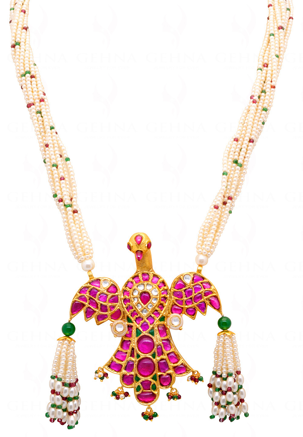 Pearl, Emerald, Ruby & Sapphire Studded Eagle Shaped Necklace In Silver SN-1030