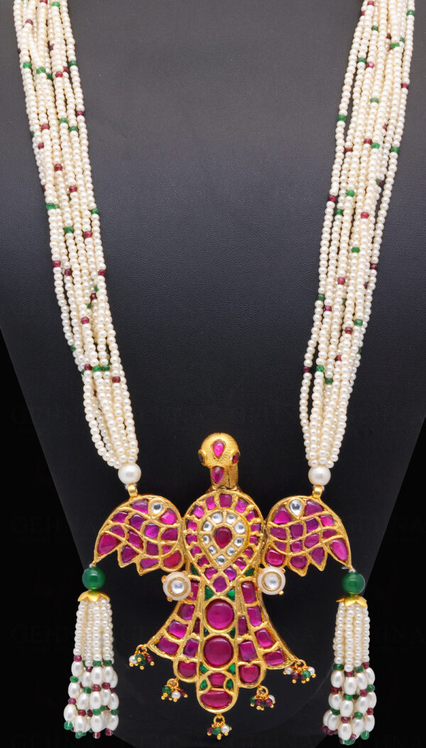 Pearl, Emerald, Ruby & Sapphire Studded Eagle Shaped Necklace In Silver SN-1030