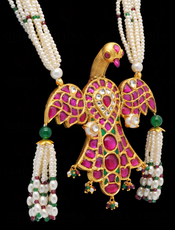 Pearl, Emerald, Ruby & Sapphire Studded Eagle Shaped Necklace In Silver SN-1030