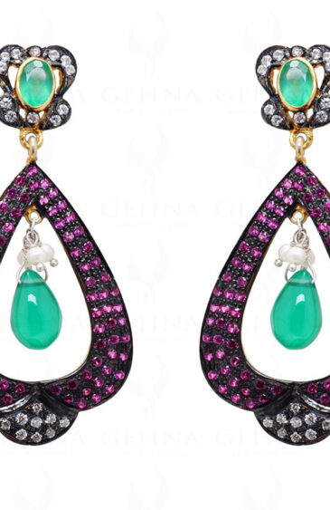 Emerald Ruby & Pearl Studded 925 Sterling Silver Earrings Se011031