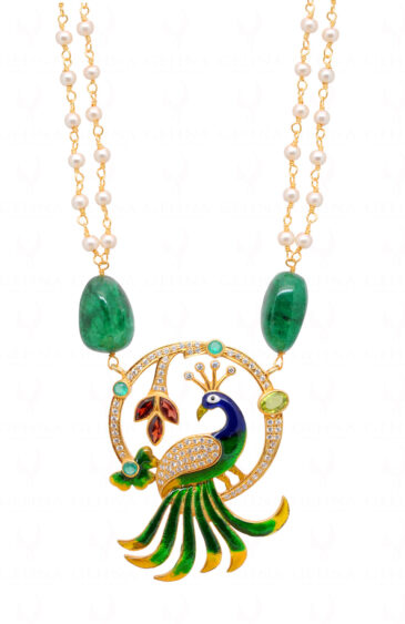 Emerald, Garnet & Topaz Studded Peacock Shape Necklace Set In 925 Silver SN-1032
