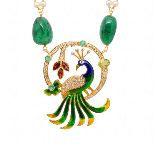 Emerald, Garnet & Topaz Studded Peacock Shape Necklace Set In 925 Silver SN-1032