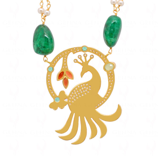 Emerald, Garnet & Topaz Studded Peacock Shape Necklace Set In 925 Silver SN-1032