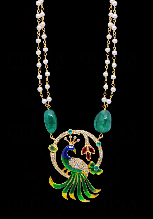 Emerald, Garnet & Topaz Studded Peacock Shape Necklace Set In 925 Silver SN-1032