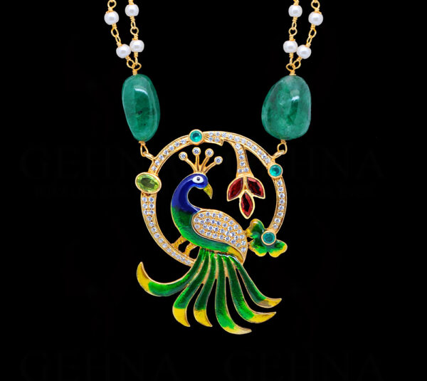 Emerald, Garnet & Topaz Studded Peacock Shape Necklace Set In 925 Silver SN-1032