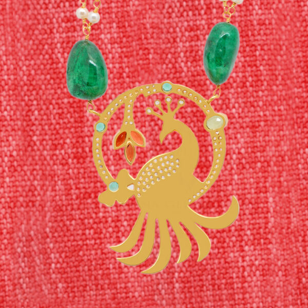 Emerald, Garnet & Topaz Studded Peacock Shape Necklace Set In 925 Silver SN-1032