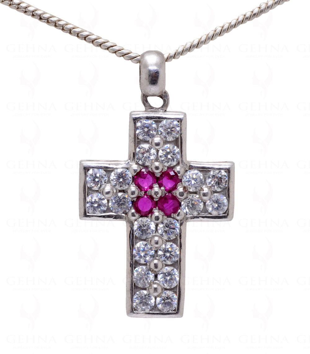 Ruby Color Stone Studded 925 Sterling Silver Cross Shaped Pendant Sp011033