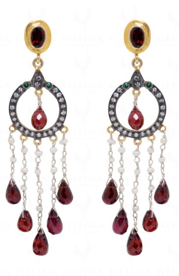 Pearl & Red Garnet Gemstone Studded 925 Sterling Silver Earrings Se011034