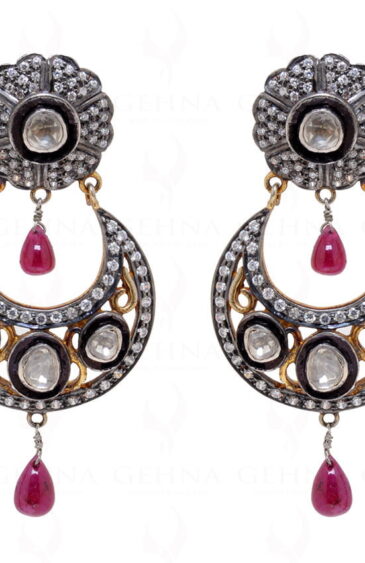 White Sapphire & Ruby Gemstone Studded 925 Sterling Silver Earrings Se011035