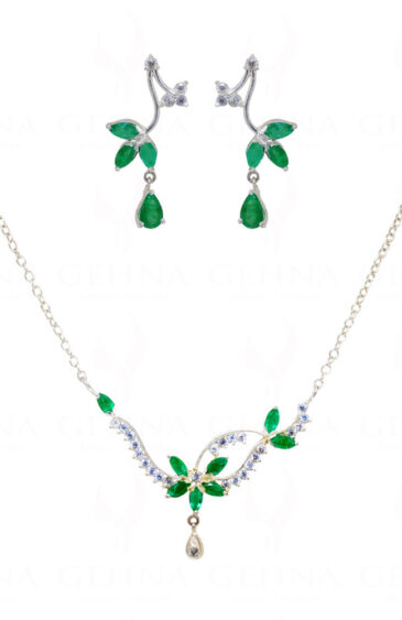 Emerald & Topaz Gemstone Studded 925 Sterling Silver Pendant Set SP04-1035