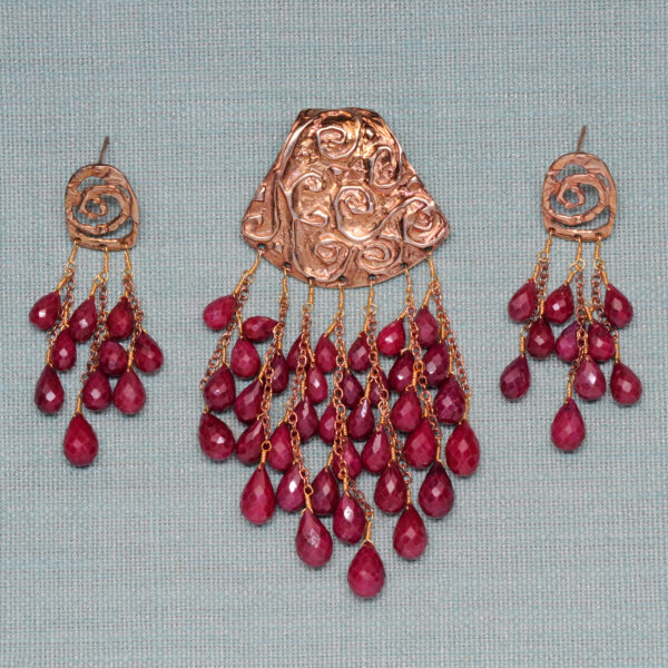 Ruby Gemstone Beaded Rose Gold Polish Silver Pendant & Earring Set SP04-1036