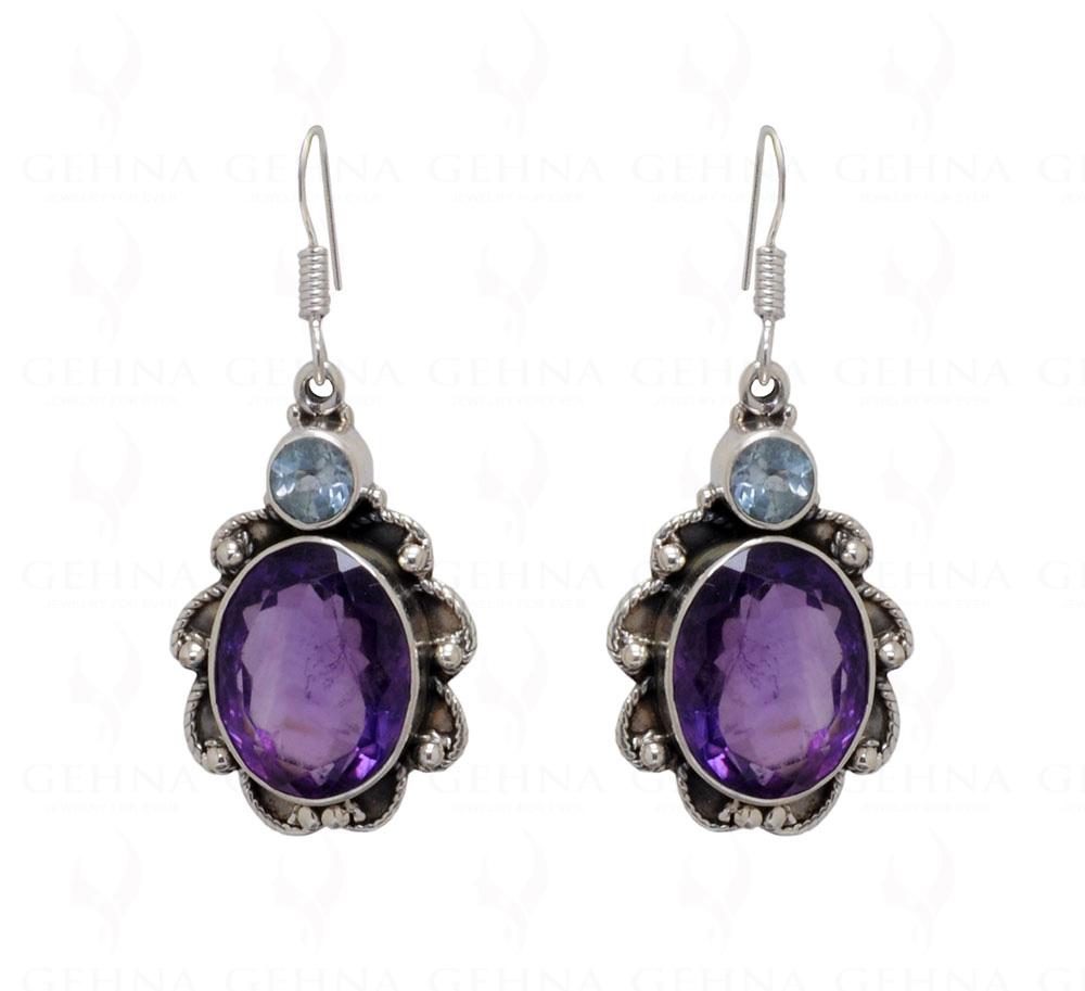 Blue Topaz & Amethyst Gemstone Studded 925 Sterling Silver Earrings SE04-1037