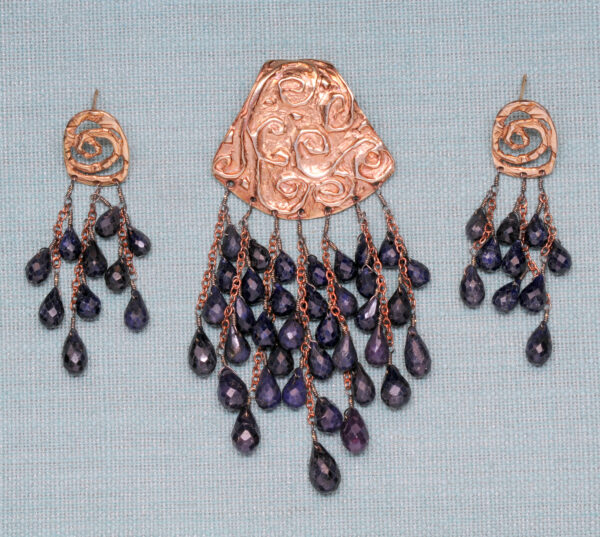 Sapphire Gemstone Beaded Rose Gold Polish Silver Pendant & Earring Set SP04-1037