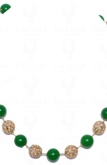 Green Jade Gemstone Round Bead With Pearl Studded Jadau Bead Ln011038