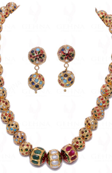 Multicolor Stone Studded Jadau Bead Necklace & Earrings Set Ln011039