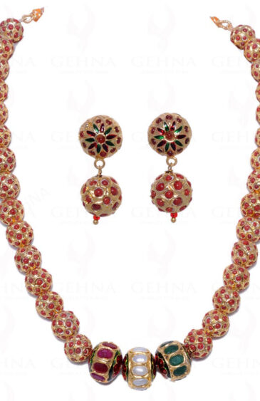 Pearl, Emerald, Ruby & Coral Studded Jadau Bead Necklace & Earring Set Ln011040
