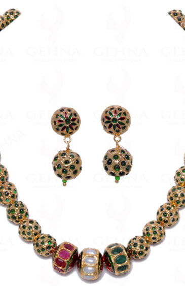 Pearl, Ruby & Emerald Stone Studded Jadau Bead Necklace & Earring Set Ln011041