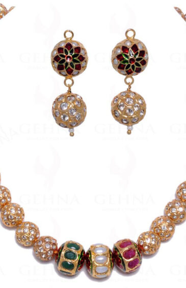 Pearl, Emerald & Ruby Stone Studded Jadau Bead Necklace & Earring Set Ln011042