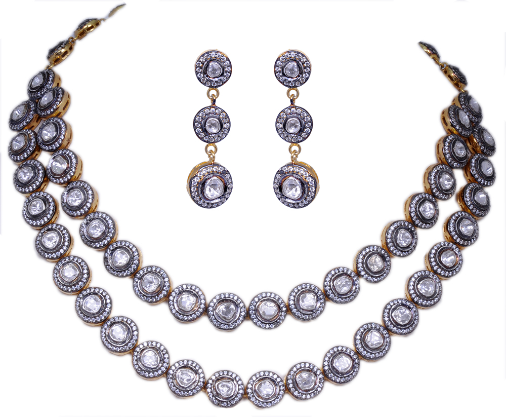 2 Rows Sapphire Polkies Studded Necklace Set In .925 Sterling Silver SN-1042