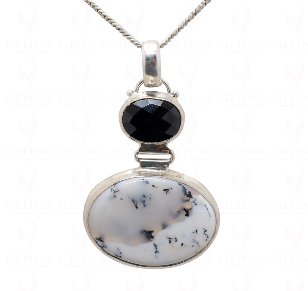 Dendritic Agate & Black Spinel Gemstone 925 Sterling Silver Pendant Sp031046