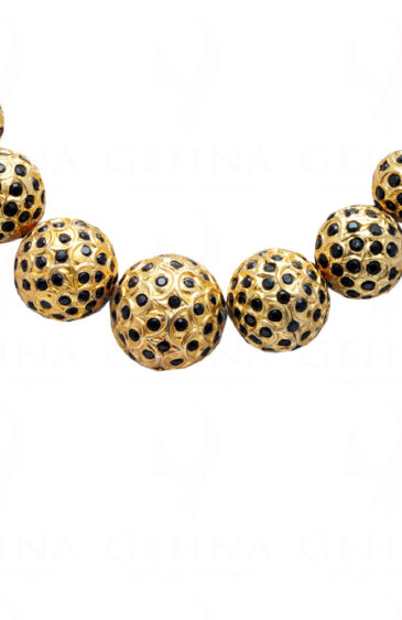 Black Spinel Stone Studded Jadau Bead Necklace & Earrings Set Ln011046