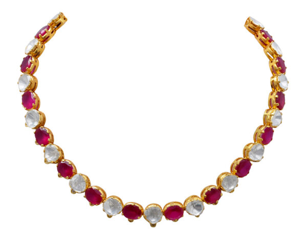 Ruby Ovals & Sapphire Polkies Gemstone Necklace In .925 Sterling Silver SN-1049