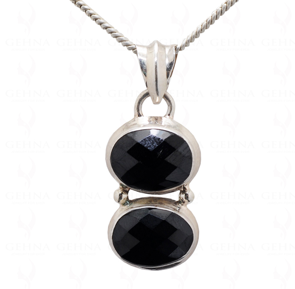 Black Spinel Oval Shape Checker Cut Studded 925 Sterling Silver Pendant Sp031049