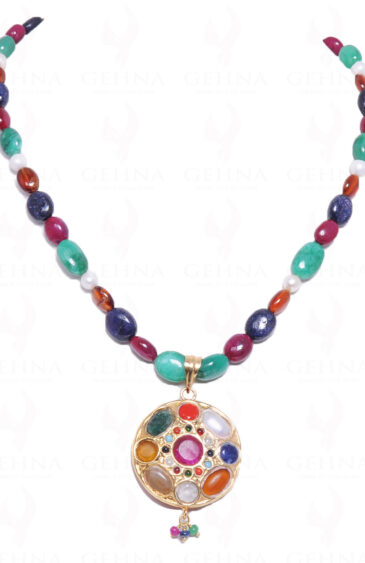 Navratan Stone Studded Pendant With Precious Gemstone Bead Ln011050