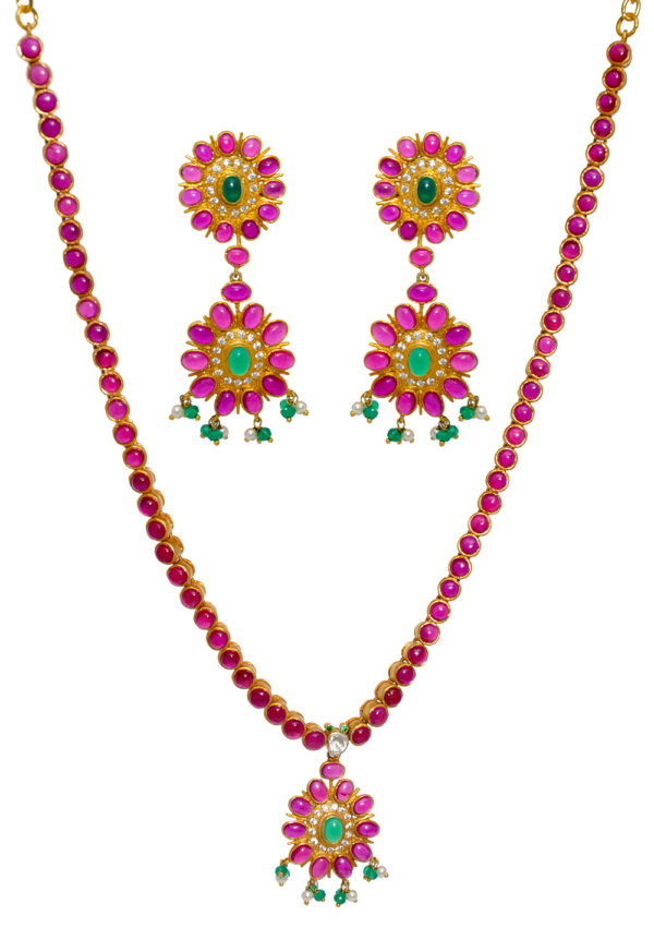 Pearl, Ruby, Emerald & Topaz Gemstone Necklace & Earring Set .925 Silver SN-1053