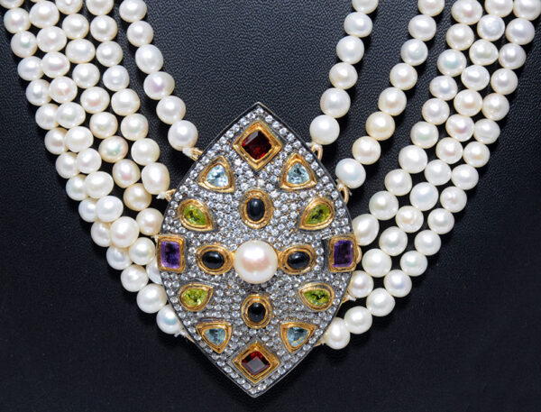 Pearl, & Multi-Gemstone Necklace In .925 Silver SN-1055