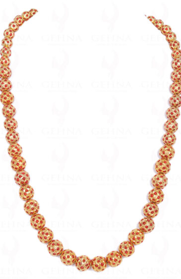 Coral Gemstone Studded Jadau Bead Necklace & Earring Set Ln011056
