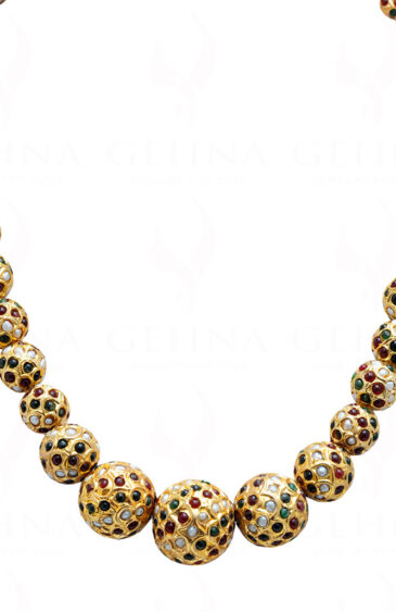 Pearl, Emerald & Ruby Gemstone Jadau Ball Necklace & Earring Set Ln011059