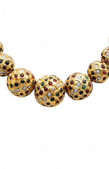Pearl, Emerald & Ruby Gemstone Jadau Ball Necklace & Earring Set Ln011059