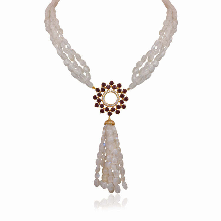 Natural Red Garnet & Rainbow Moonstone Studded 925 Silver Necklace SN-1060