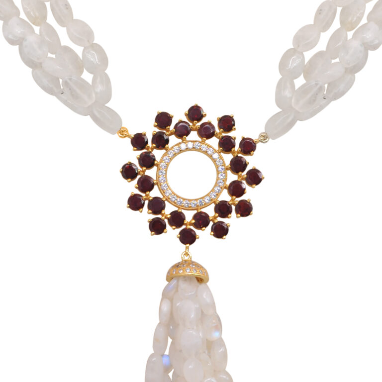Natural Red Garnet & Rainbow Moonstone Studded 925 Silver Necklace SN-1060
