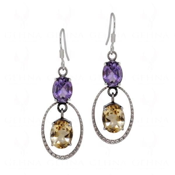 Amethyst & Citrine Round Gemstone Studded 925 Solid Silver Earrings SE04-1062