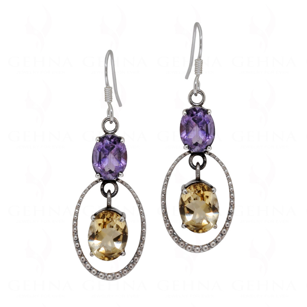 Amethyst & Citrine Round Gemstone Studded 925 Solid Silver Earrings SE04-1062