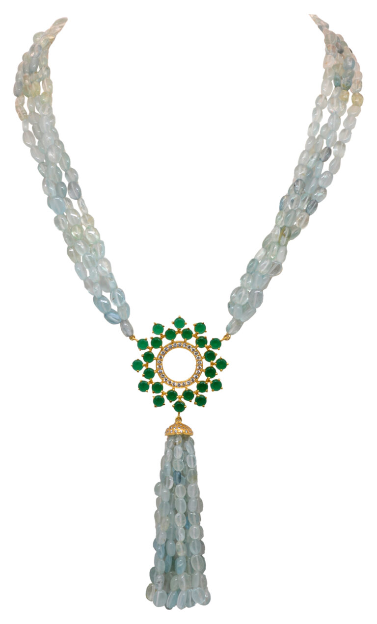 Natural Green Jade & Aquamarine Gemstone Studded 925 Silver Necklace SN-1062