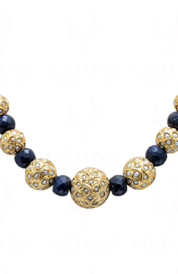 Blue Sapphire Gemstone Faceted Bead With Pearl Studded Jadau Ball  Ln011062