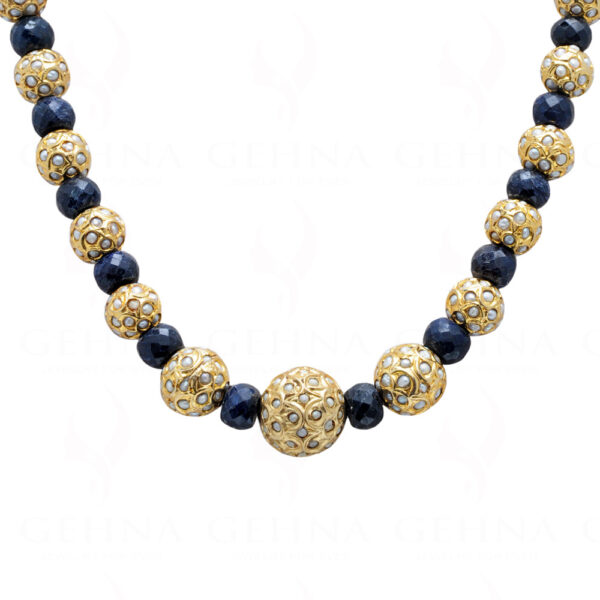 Blue Sapphire Gemstone Faceted Bead With Pearl Studded Jadau Ball  Ln011062