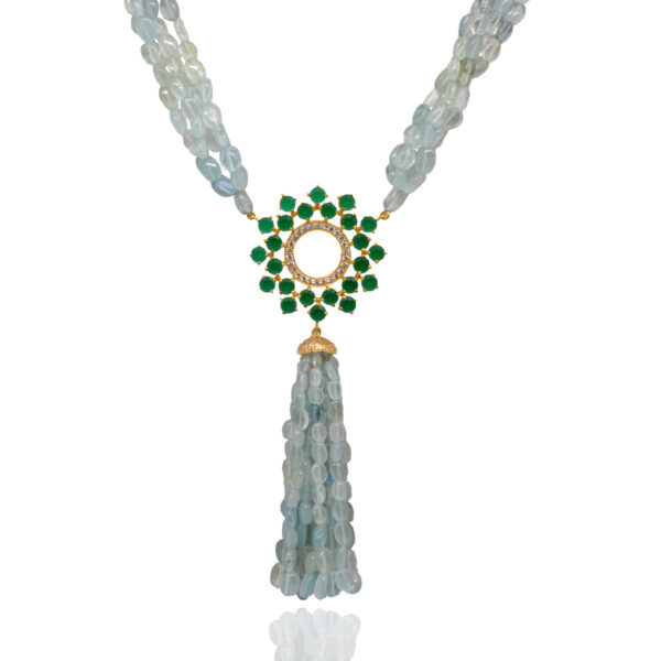 Natural Green Jade & Aquamarine Gemstone Studded 925 Silver Necklace SN-1062